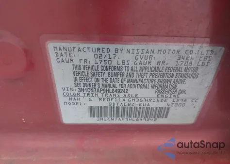 2017 Nissan Versa 1.6 Sv из США, поврежденный, VIN 3N1CN7AP9HL849242